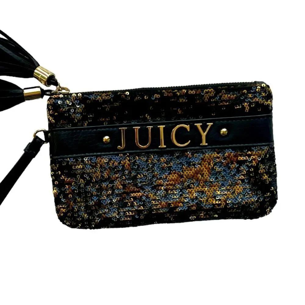 Juicy Couture Black Gold Sequin Sparkle Evening Elegant Wristlet